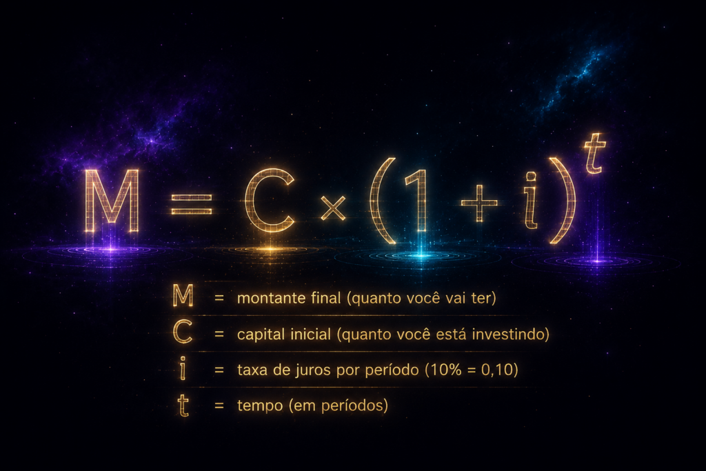 Fórmula dos juros compostos M = C × (1 + i)^t visualizada de forma futurista